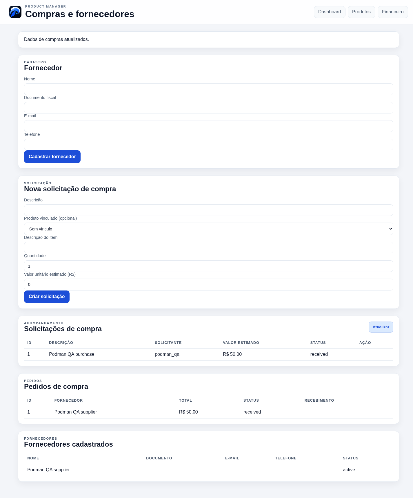 Tela de compras e fornecedores